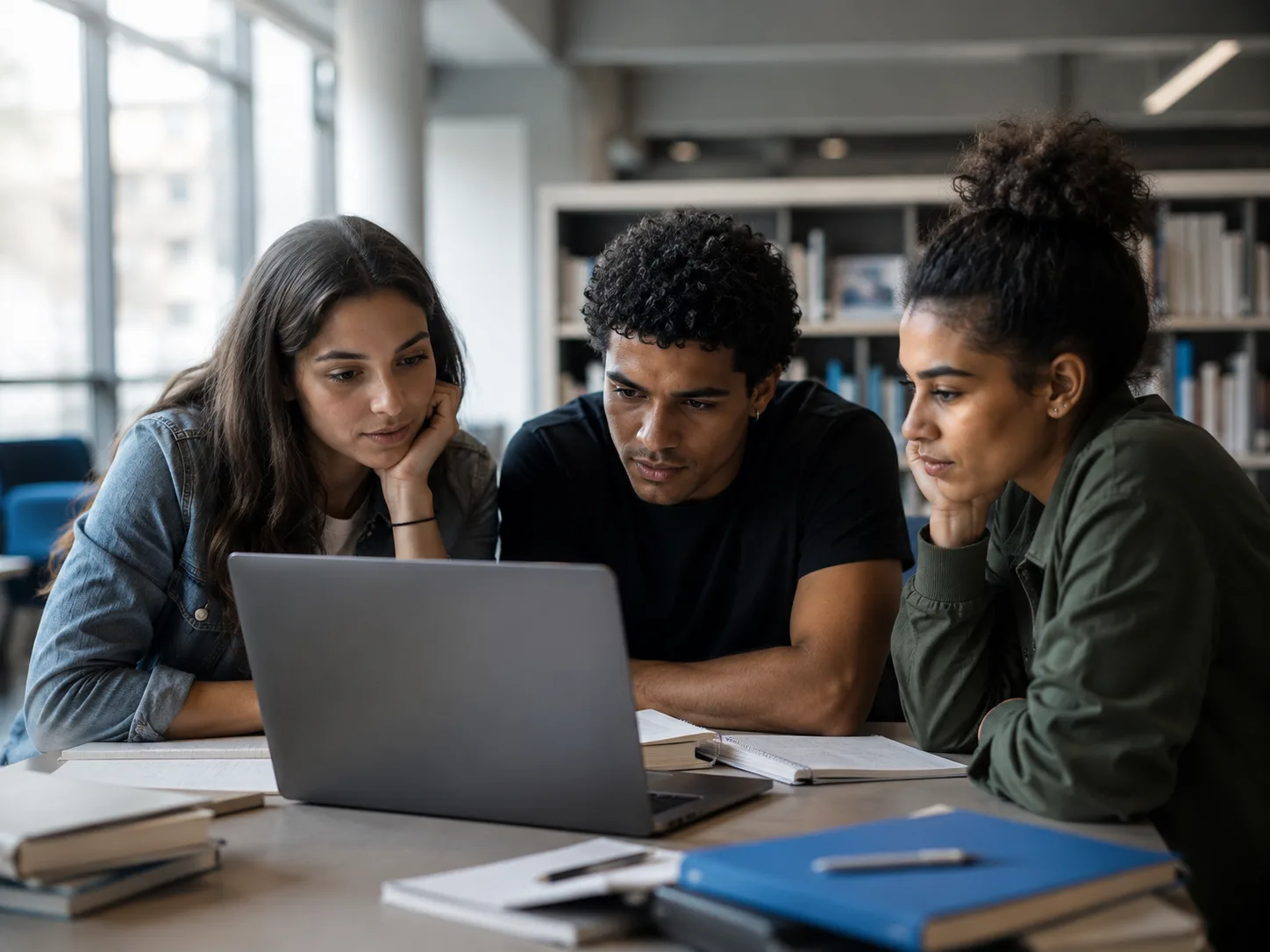Estudantes universitários assistindo a uma videoaula no notebook em uma biblioteca