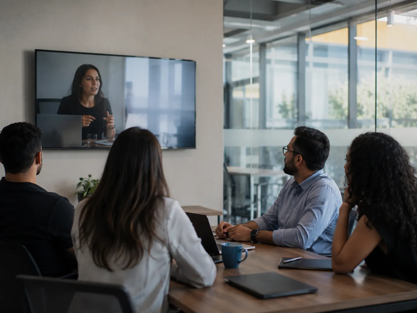 Equipe corporativa assistindo a uma videoaula em sala de reunião