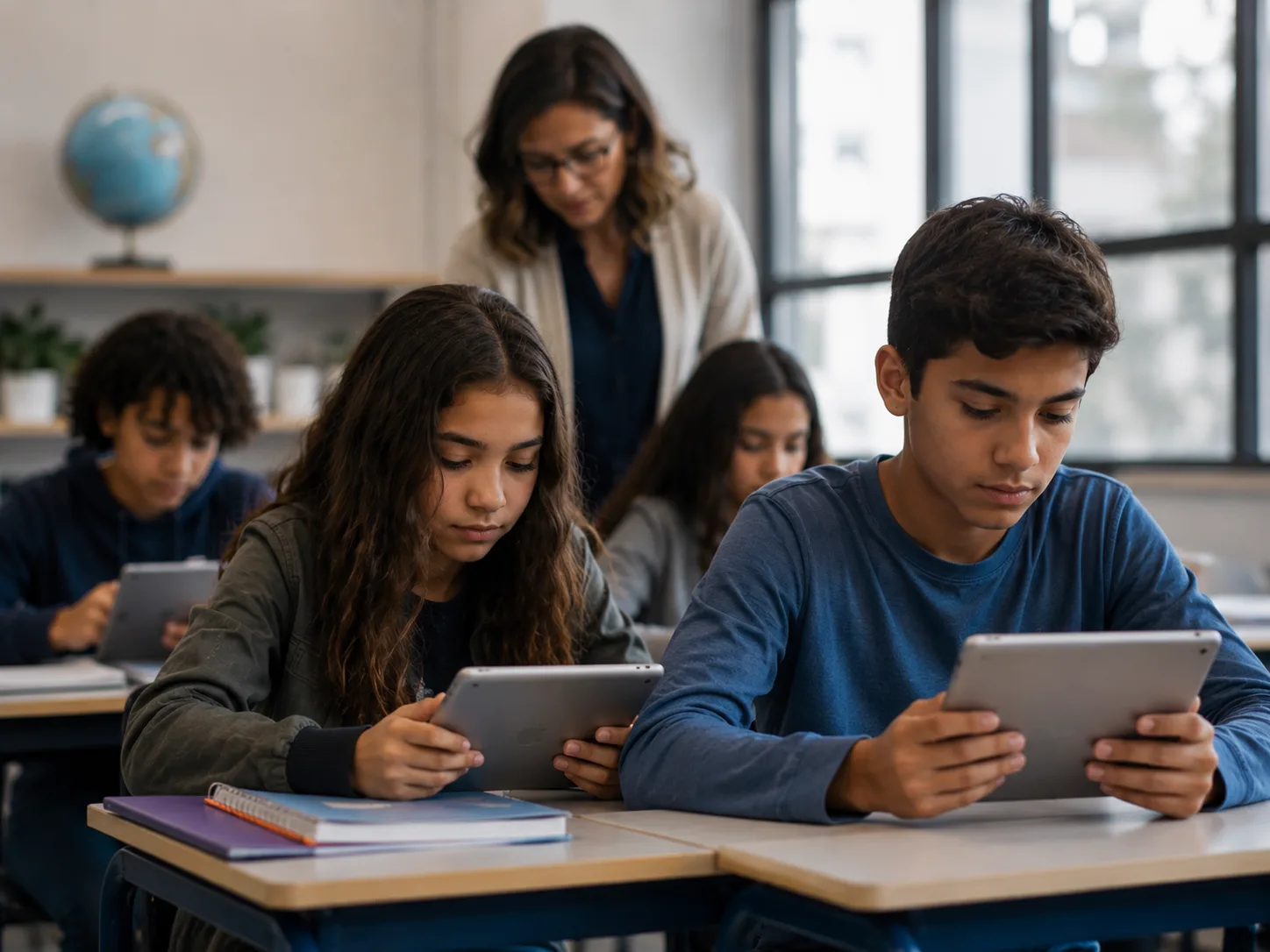Alunos usando tablets em sala de aula com a professora acompanhando